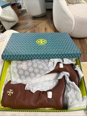 Tory Burch Chestnut Brown Pebbled Leather Logo Riding Boots